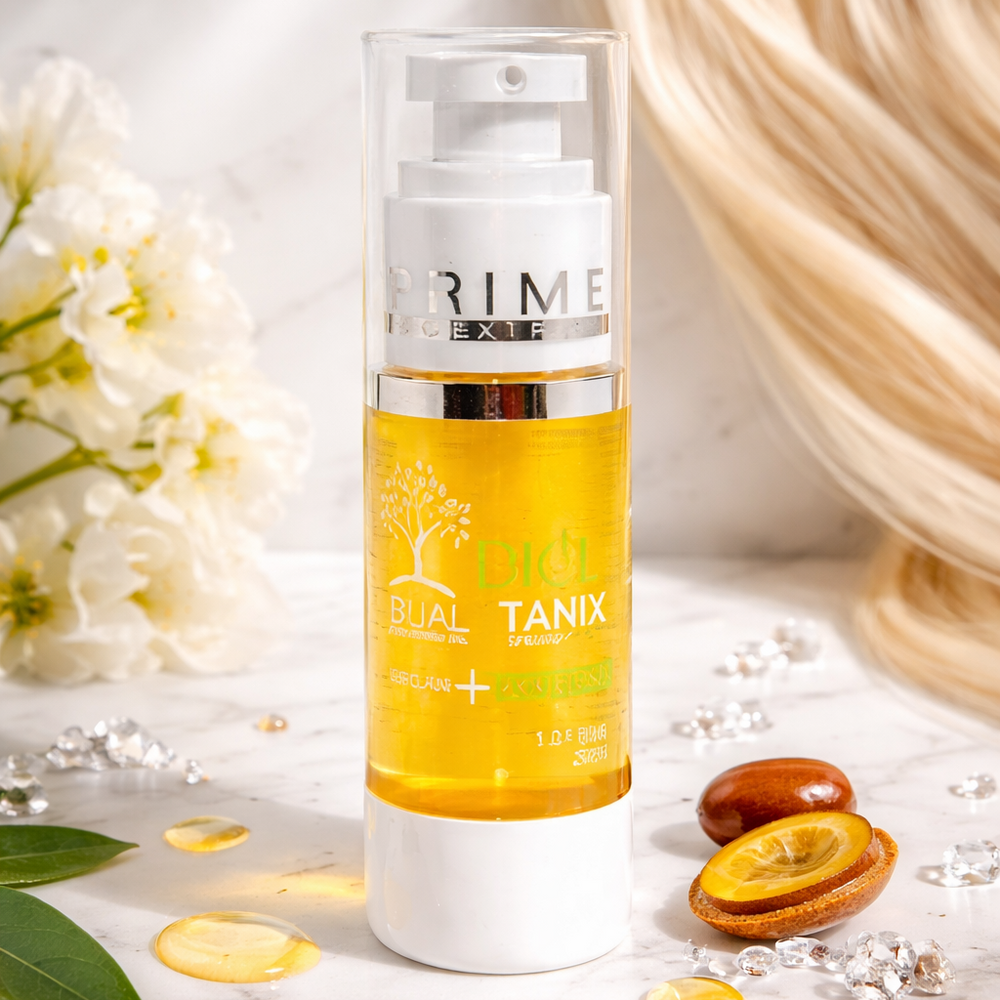 Cosmetic bottle with a white cap on a marble surface with flowers and leaves.