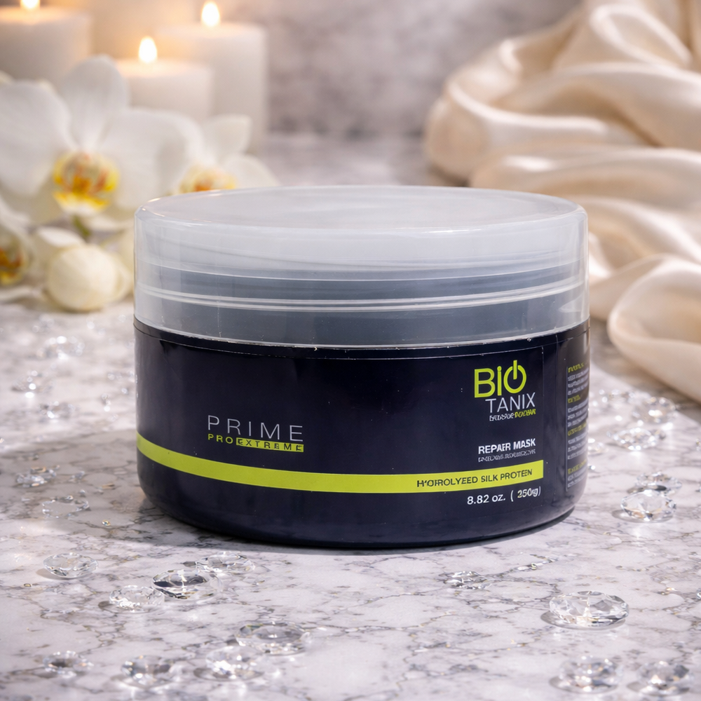 BIO TANX Prime product jar on a marble surface with candles and flowers in the background