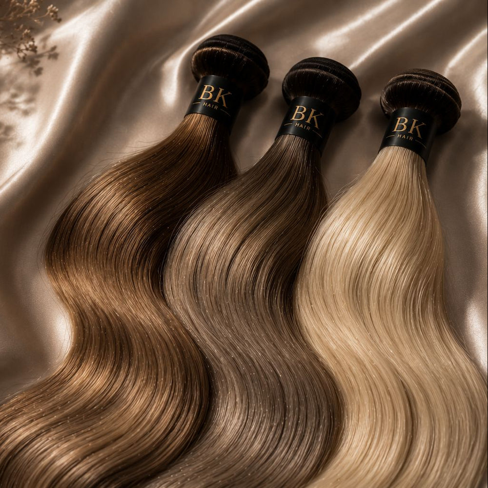 Three bundles of blonde hair extensions on a textured fabric background with 'BK Hair' branding.